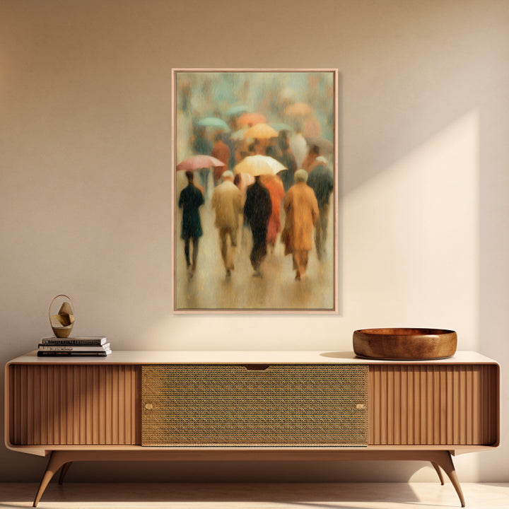 Rain Umbrella Figures Framed Canvas Print, Urban Art, Statement Artwork, Living Room Decor, Fine Art, Urban, Wall Decor, URB-2x3-4