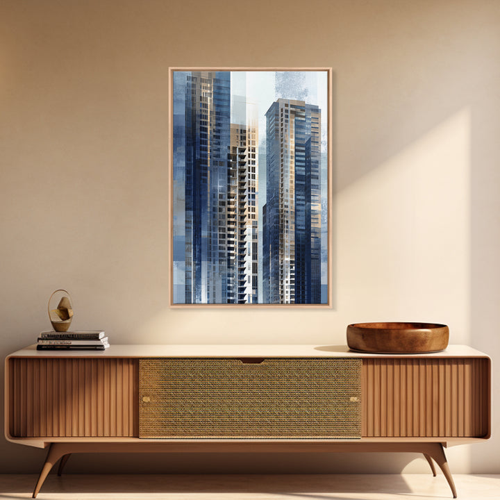 Modern Skyscraper Glass Reflections Framed Canvas Print, Urban Art, Textured Painting, Living Room Decor, Fine Art, Urban, URB-2x3-46