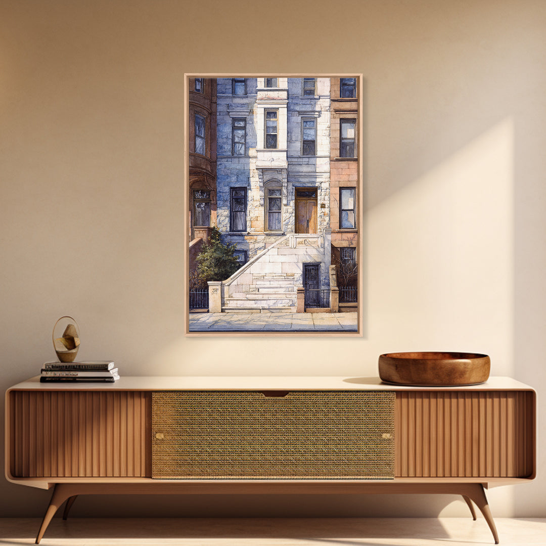 Brownstone Row in Soft Morning Light Framed Canvas Print, Urban Art, Art Deco, Living Room Decor, Urban, Book Shelf Decor, URB-2x3-68