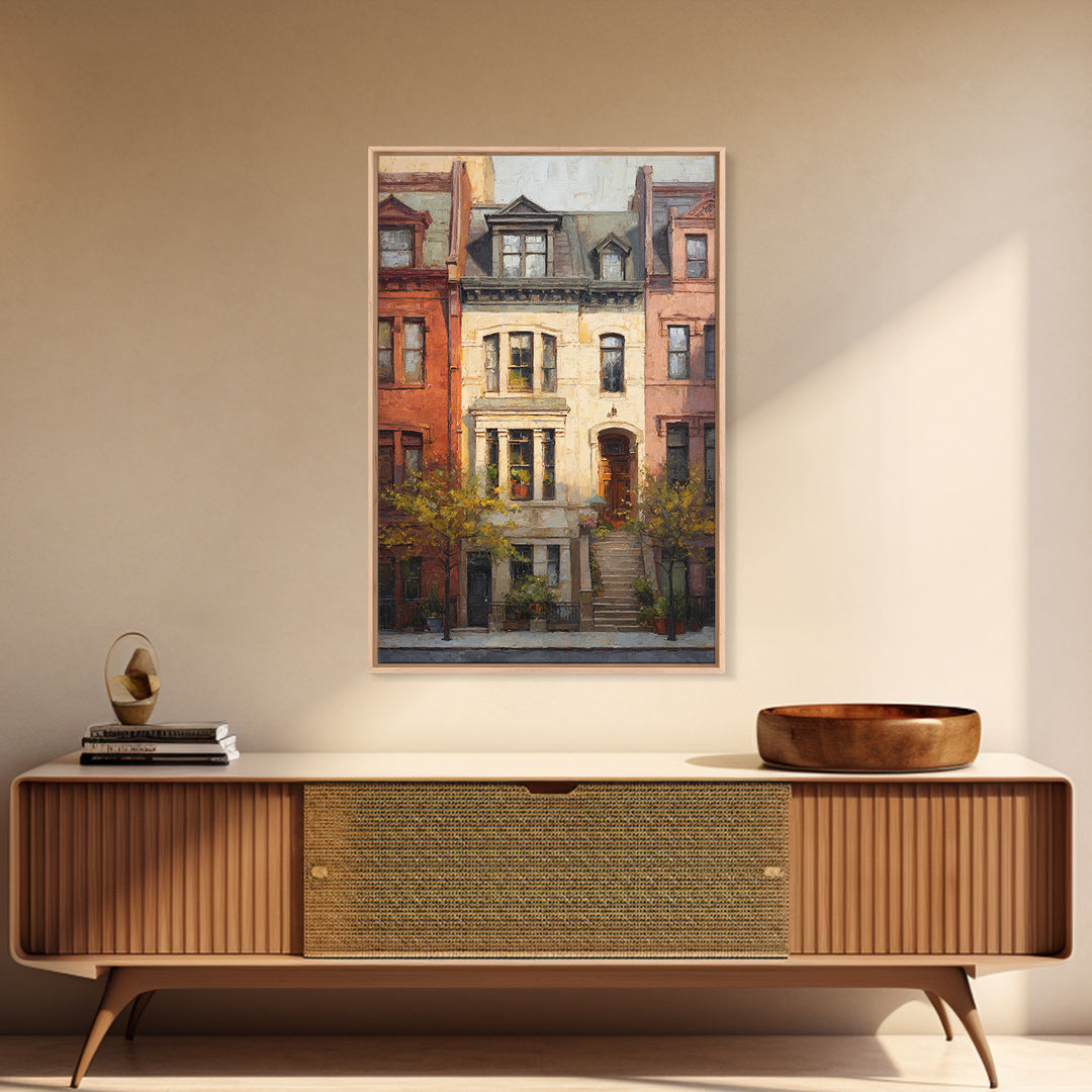 Brownstone Row in Soft Morning Light Framed Canvas Print, Urban Art, Gallery Decor, Living Room Decor, Abstract Art, Urban, URB-2x3-92