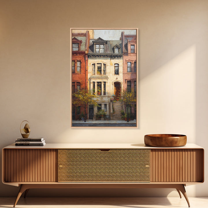 Brownstone Row in Soft Morning Light Framed Canvas Print, Urban Art, Gallery Decor, Living Room Decor, Abstract Art, Urban, URB-2x3-92