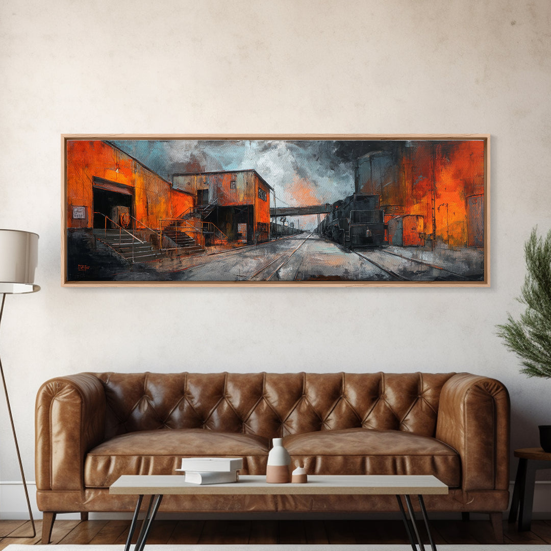 Industrial Rail Tracks Leading into City Canvas Print, Urban Art, Queer Art, Living Room Decor, Fine Art, Urban, URB-3x1-14