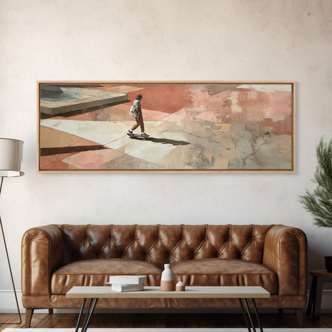 Skateboarder Crossing a Concrete Plaza Framed Canvas Print, Urban Art, Boho Decor, Living Room Decor, Fine Art, Urban, URB-3x1-23
