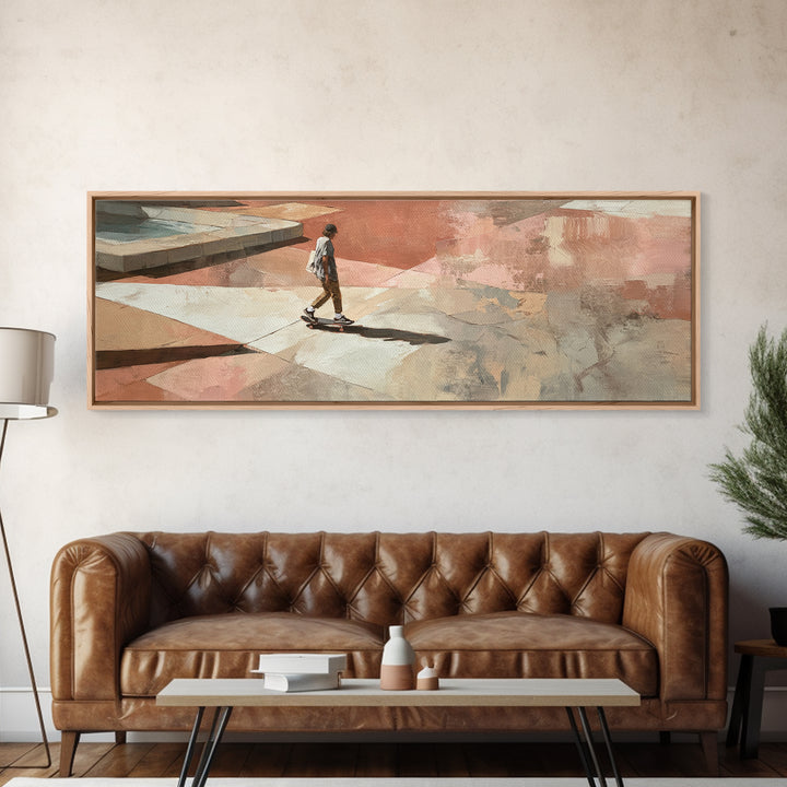 Skateboarder Crossing a Concrete Plaza Framed Canvas Print, Urban Art, Boho Decor, Living Room Decor, Fine Art, Urban, URB-3x1-23