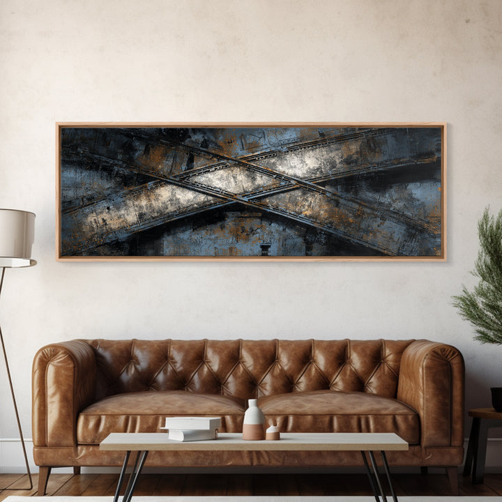 Industrial Rail Tracks Leading into City Canvas Print, Urban Art, Art Deco, Living Room Decor, Urban, Book Shelf Decor, URB-3x1-38