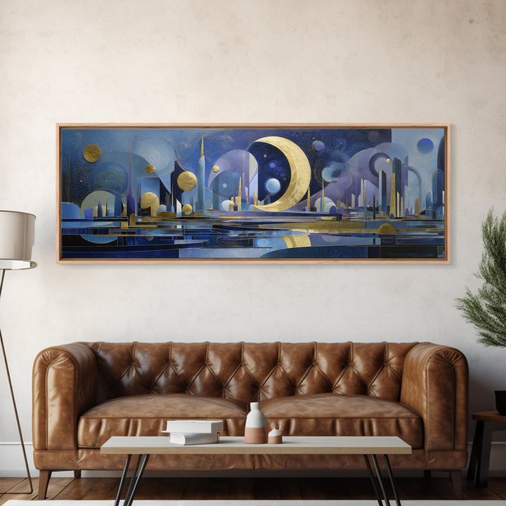 Night Skyline under Crescent Moon Canvas Print, Urban Art, Gallery Decor, Living Room Decor, Fine Art, Urban, Contemporary Art, URB-3x1-40
