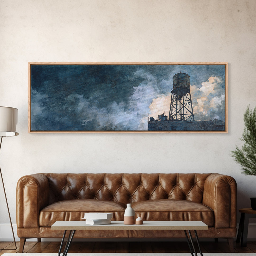 Rooftop Water Tower Canvas Print, Urban Art, Black Art Prints, Living Room Decor, Abstract Art, Urban, Neutral Decor, URB-3x1-49