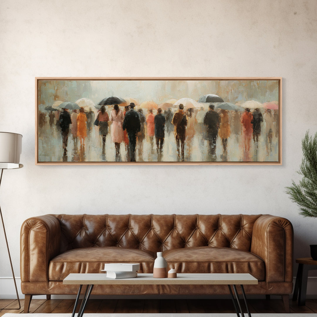 Rain Umbrella Figures Framed Canvas Print, Urban Art, Boho Decor, Living Room Decor, Fine Art, Urban, Digital Prints, URB-3x1-60