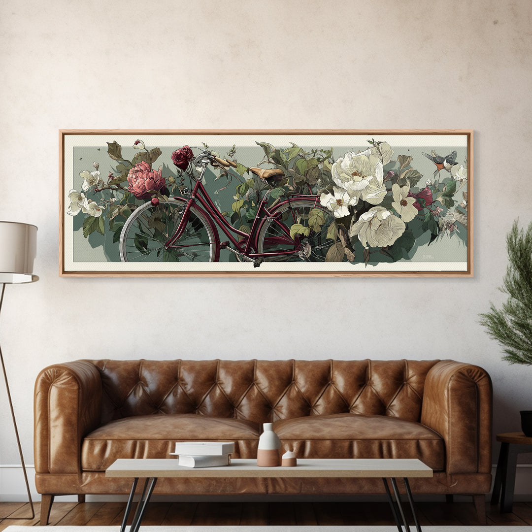 Bicycle Locked to Post Framed Canvas Print, Urban Art, Textured Wall Art, Living Room Decor, Watercolor Art, Urban, URB-3x1-79