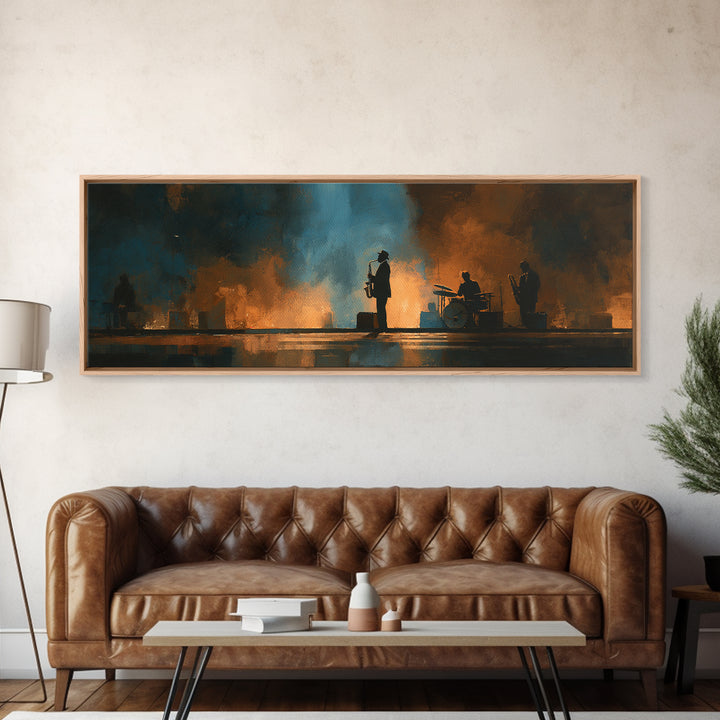 Urban Jazz Musician Silhouette Canvas Print, Urban Art, Poster, Living Room Decor, Urban, Modern Wall Art, Black Wall Art, URB-3x1-80