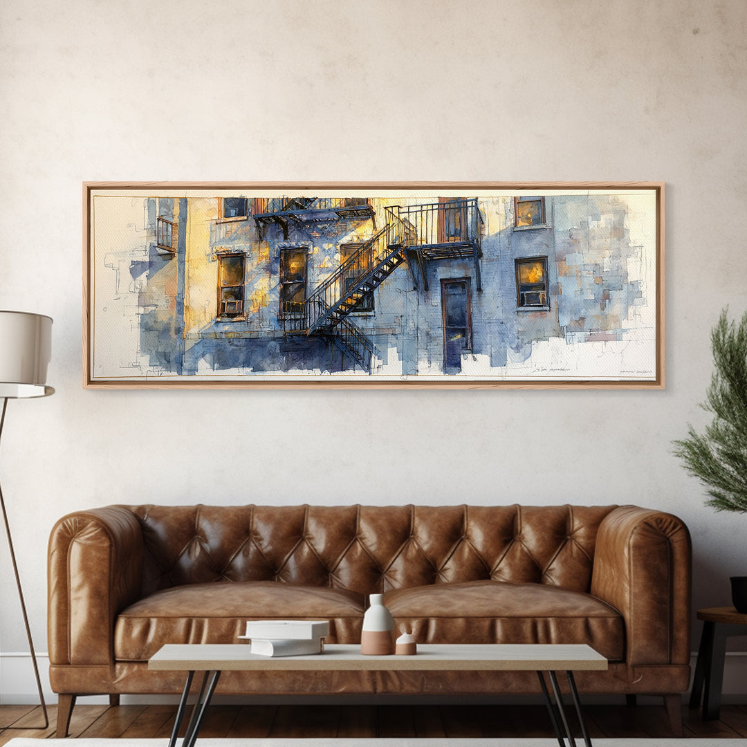 Fire Escape Silhouette Framed Canvas Print, Urban Art, Book Shelf Decor, Living Room Decor, Fine Art, Urban, Modern Decor, URB-3x1-90