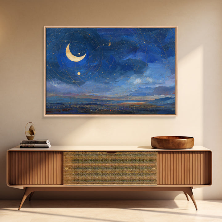 Night Skyline under Crescent Moon Framed Canvas Print, Urban Art, Fine Art Print, Living Room Decor, Abstract Art, Urban, URB-3x2-100