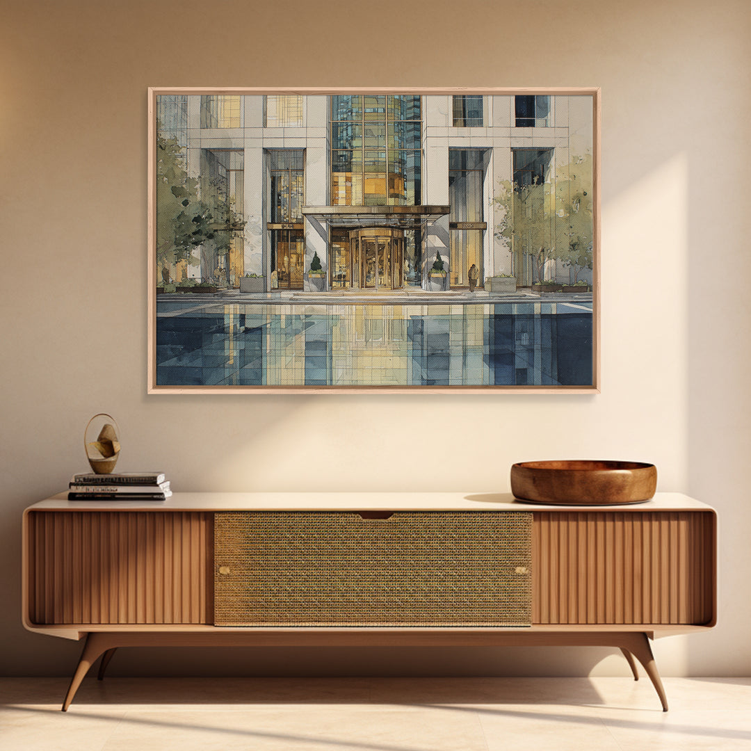 Modern Skyscraper Glass Reflections Framed Canvas Print, Urban Art, Art Deco, Living Room Decor, Urban, Book Shelf Decor, URB-3x2-18