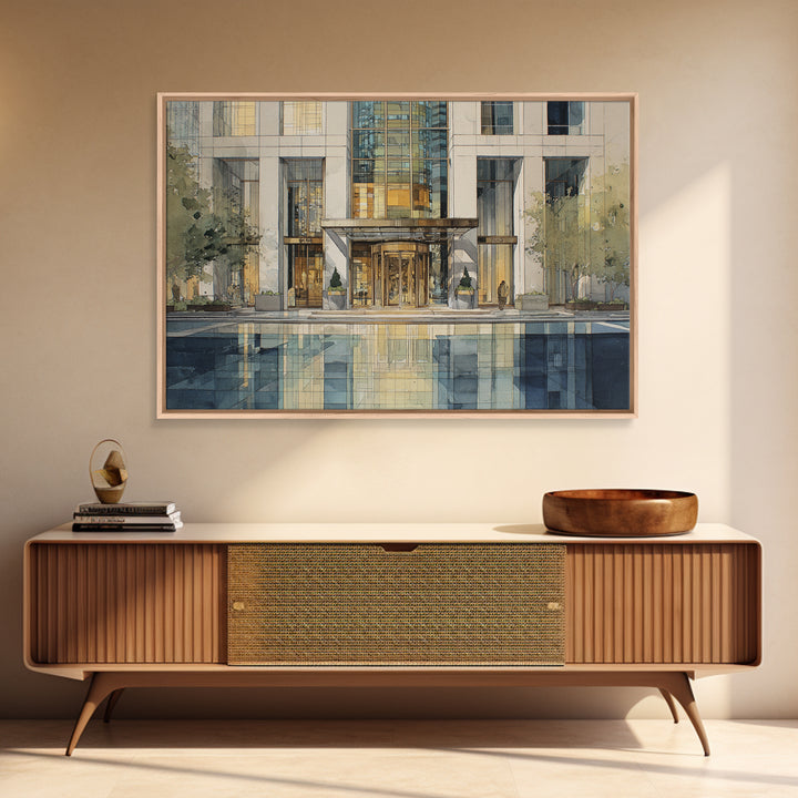 Modern Skyscraper Glass Reflections Framed Canvas Print, Urban Art, Art Deco, Living Room Decor, Urban, Book Shelf Decor, URB-3x2-18