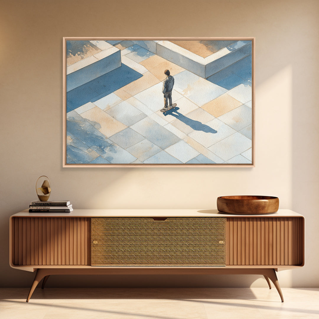Skateboarder Crossing a Concrete Plaza Framed Canvas Print, Urban Art, Art Print, Living Room Decor, Oil Painting, Urban, URB-3x2-59