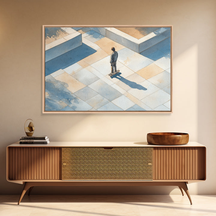 Skateboarder Crossing a Concrete Plaza Framed Canvas Print, Urban Art, Art Print, Living Room Decor, Oil Painting, Urban, URB-3x2-59