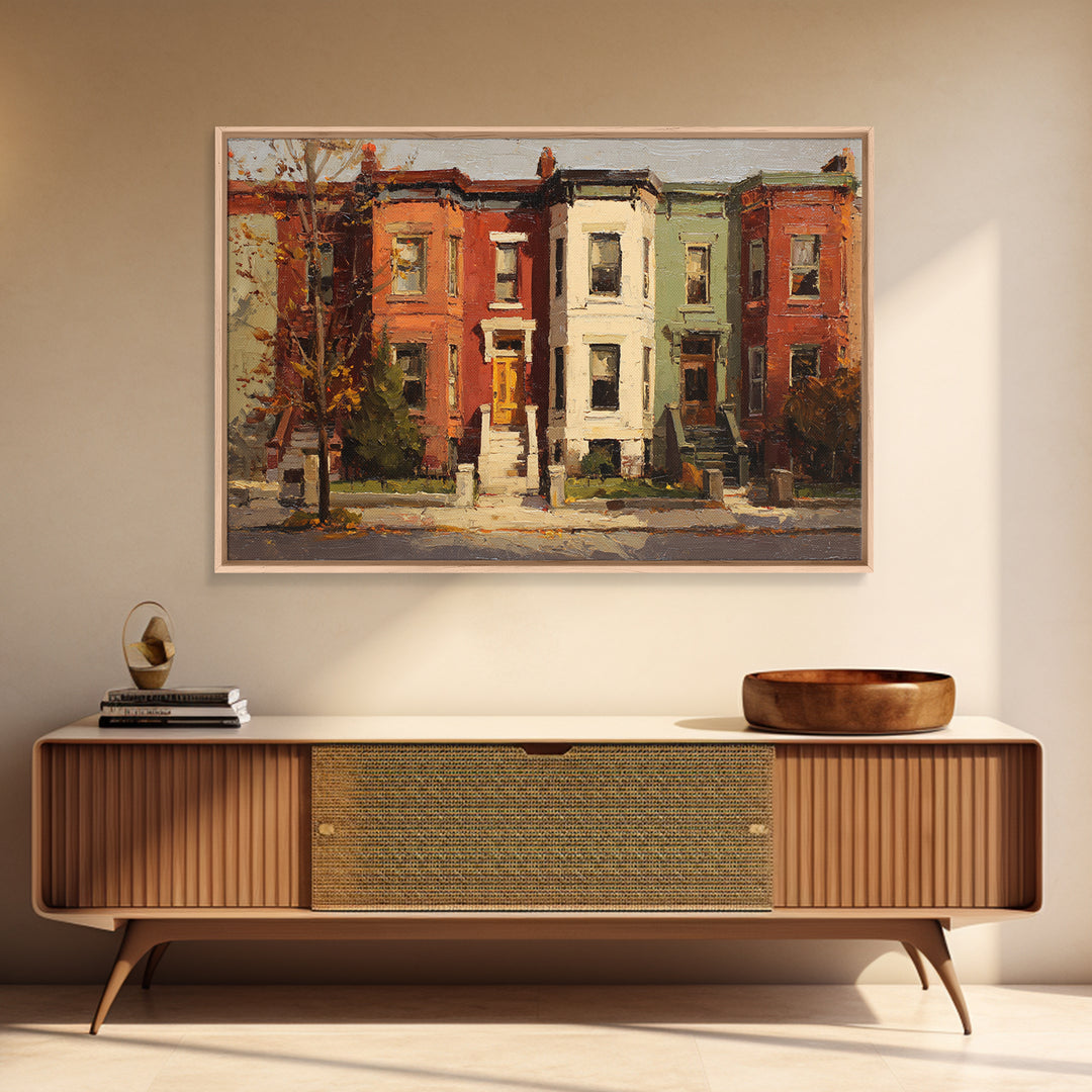 Brownstone Row in Soft Morning Light Framed Canvas Print, Urban Art, Gallery Decor, Living Room Decor, Abstract Art, Urban, URB-3x2-64