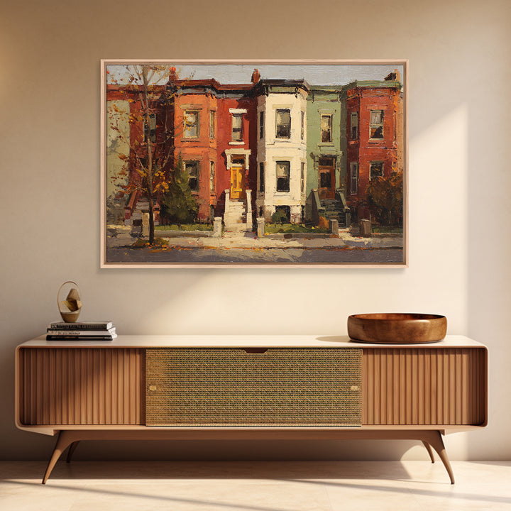 Brownstone Row in Soft Morning Light Framed Canvas Print, Urban Art, Gallery Decor, Living Room Decor, Abstract Art, Urban, URB-3x2-64