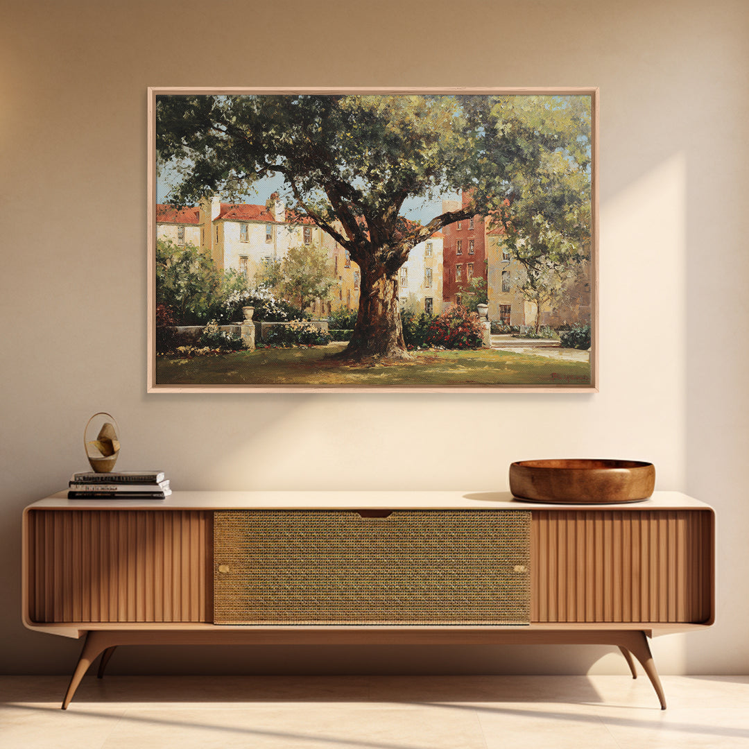 City Park Tree Framed by Buildings Framed Canvas Print, Urban Art, Modern Wall Art, Living Room Decor, Fine Art, Urban, URB-3x2-70