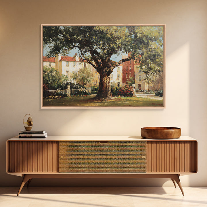 City Park Tree Framed by Buildings Framed Canvas Print, Urban Art, Modern Wall Art, Living Room Decor, Fine Art, Urban, URB-3x2-70