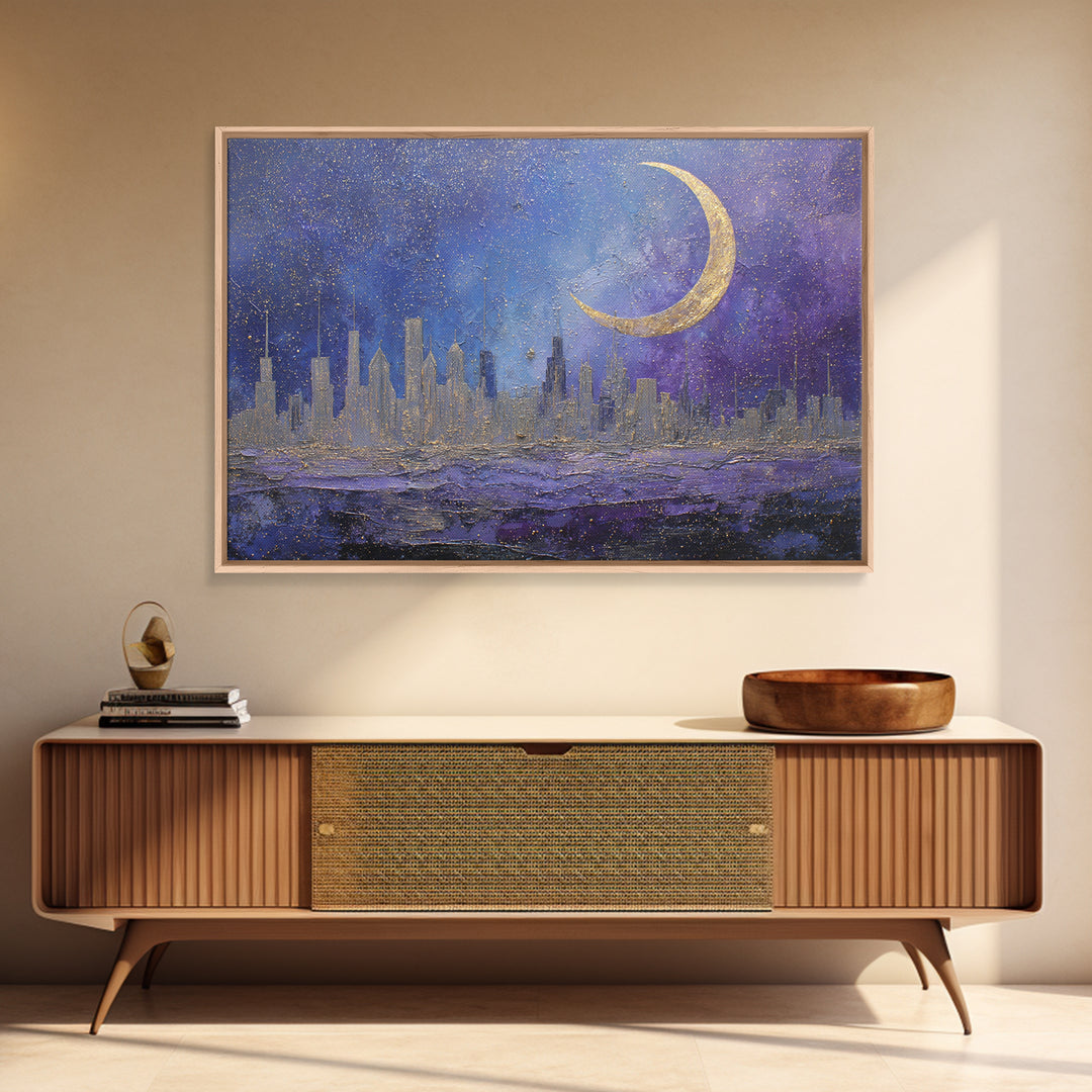 Night Skyline under Crescent Moon Canvas Print, Urban Art, Basketball Wall Art, Living Room Decor, Abstract Art, Urban, URB-3x2-76