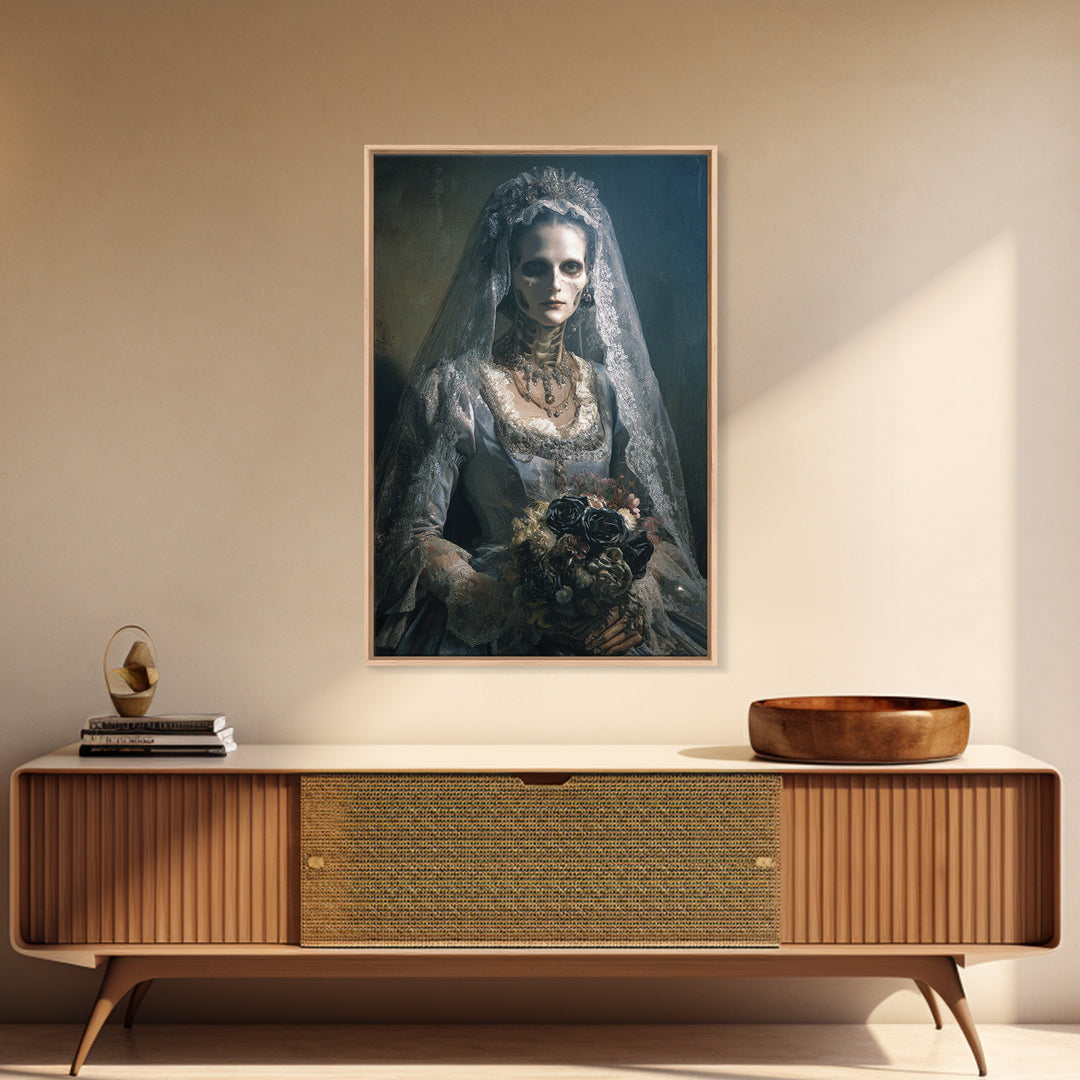 The Skeletal Bride, Dark Academia Wall Art, Vertical Wall Art, Framed Canvas Print, Gothic Wall Decor, Halloween Portrait Art