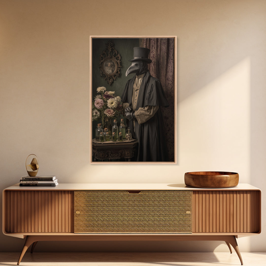 The Plague Doctor, Macabre Victorian Decor, Vertical Wall Art, Framed Canvas Print, Gothic Wall Decor, Halloween Portrait Art