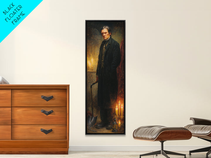 The Lantern Gravedigger, Victorian Gothic Art, Tall Narrow Wall Art, Framed Canvas Print, Gothic Wall Decor, Halloween Portrait Art