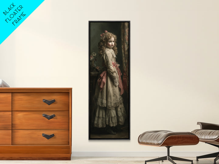 The Haunted Porcelain Doll, Antique Gothic Portrait, Tall Narrow Wall Art, Framed Canvas Print, Gothic Wall Decor, Halloween Portrait Art