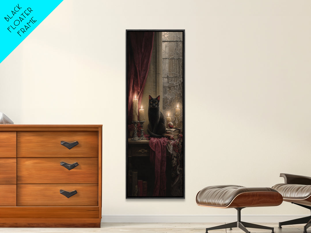The Black Cat Familiar, Macabre Victorian Decor, Tall Narrow Wall Art, Canvas Print, Gothic Wall Decor, Halloween Portrait Art