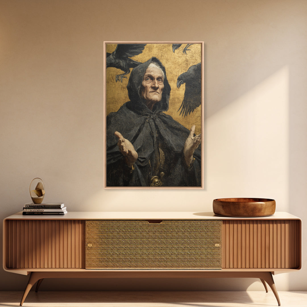 The Raven Keeper, Antique Gothic Portrait, Vertical Wall Art, Framed Canvas Print, Gothic Wall Decor, Halloween Portrait Art
