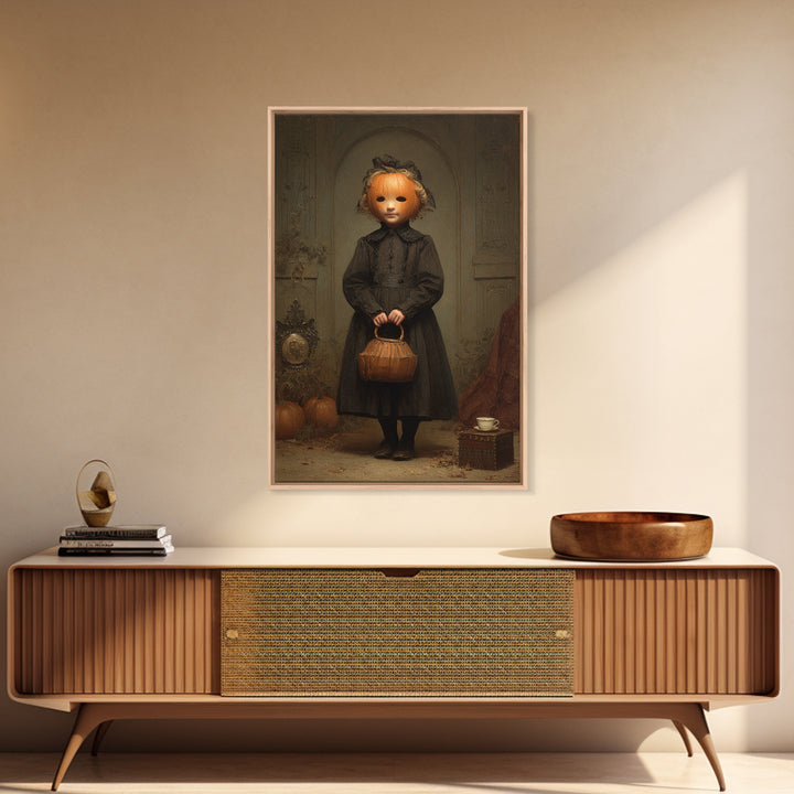 The Pumpkin-Headed Child, Dark Academia Wall Art, Vertical Wall Art, Canvas Print, Gothic Wall Decor, Halloween Portrait Art