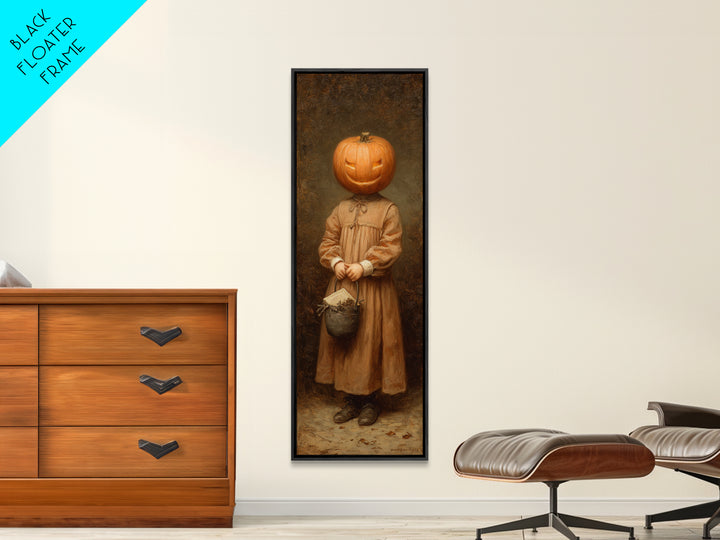 The Pumpkin-Headed Child, Victorian Gothic Art, Tall Narrow Wall Art, Framed Canvas Print, Gothic Wall Decor, Halloween Portrait Art