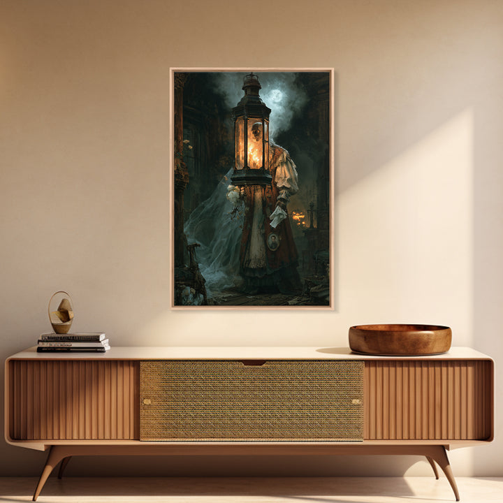 The Lantern Specter, Victorian Horror Portrait, Vertical Wall Art, Canvas Print, Gothic Wall Decor, Halloween Portrait Art, Dark Fantasy Art