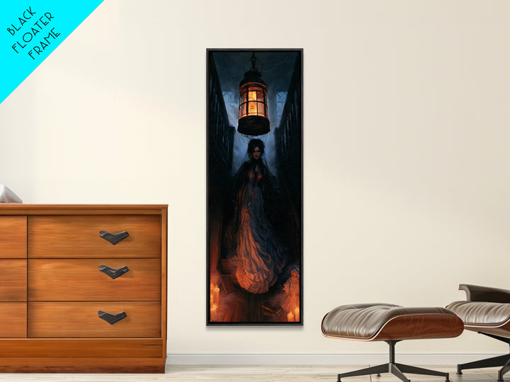 The Lantern Specter, Dark Academia Wall Art, Tall Narrow Wall Art, Framed Canvas Print, Gothic Wall Decor, Halloween Portrait Art