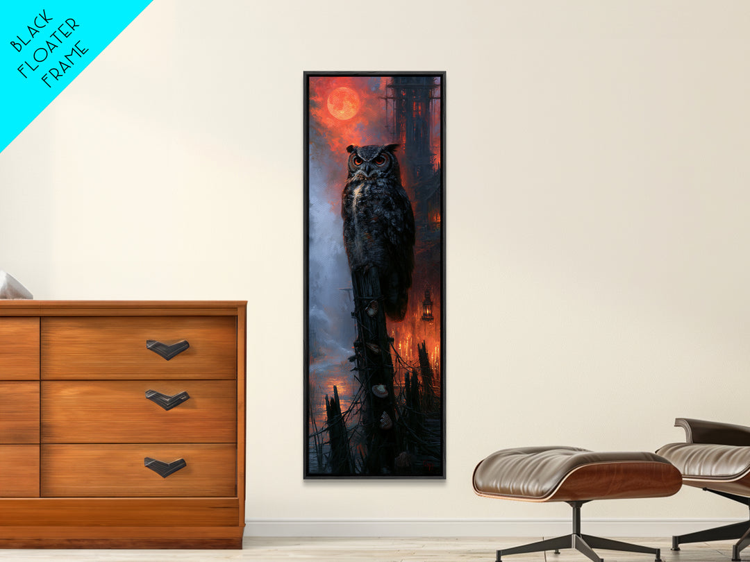 The Owl-Faced Omen, Macabre Victorian Decor, Tall Narrow Wall Art, Canvas Print, Gothic Wall Decor, Halloween Portrait Art, Dark Fantasy Art