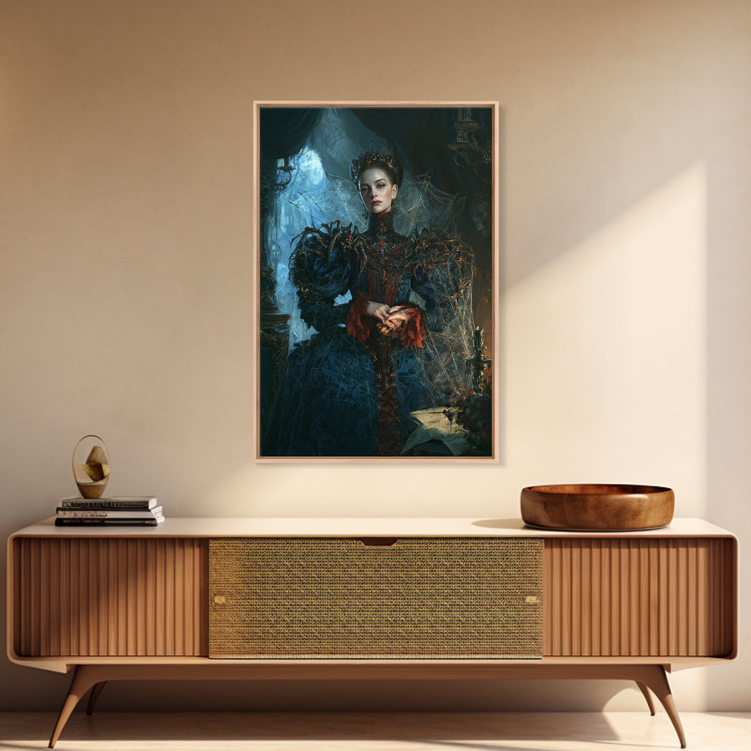 The Spider Queen, Antique Gothic Portrait, Vertical Wall Art, Framed Canvas Print, Gothic Wall Decor, Halloween Portrait Art
