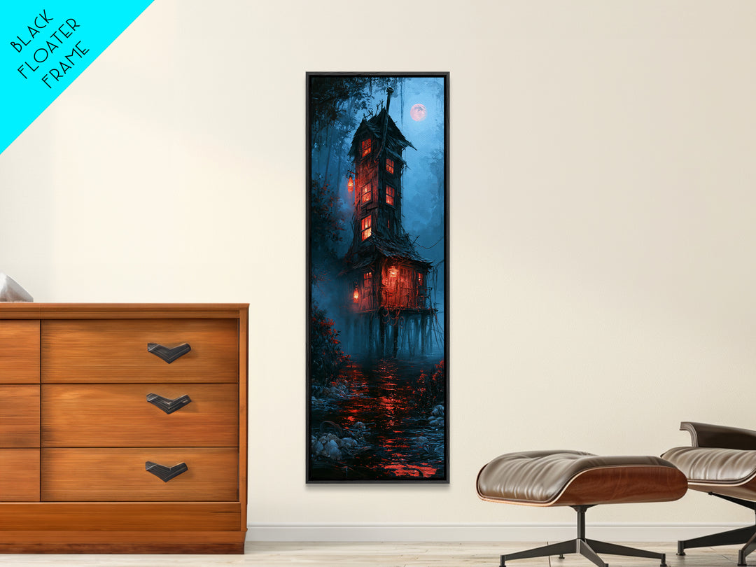 The Foggy Swamp Shack, Antique Gothic Portrait, Tall Narrow Wall Art, Framed Canvas Print, Gothic Wall Decor, Halloween Portrait Art