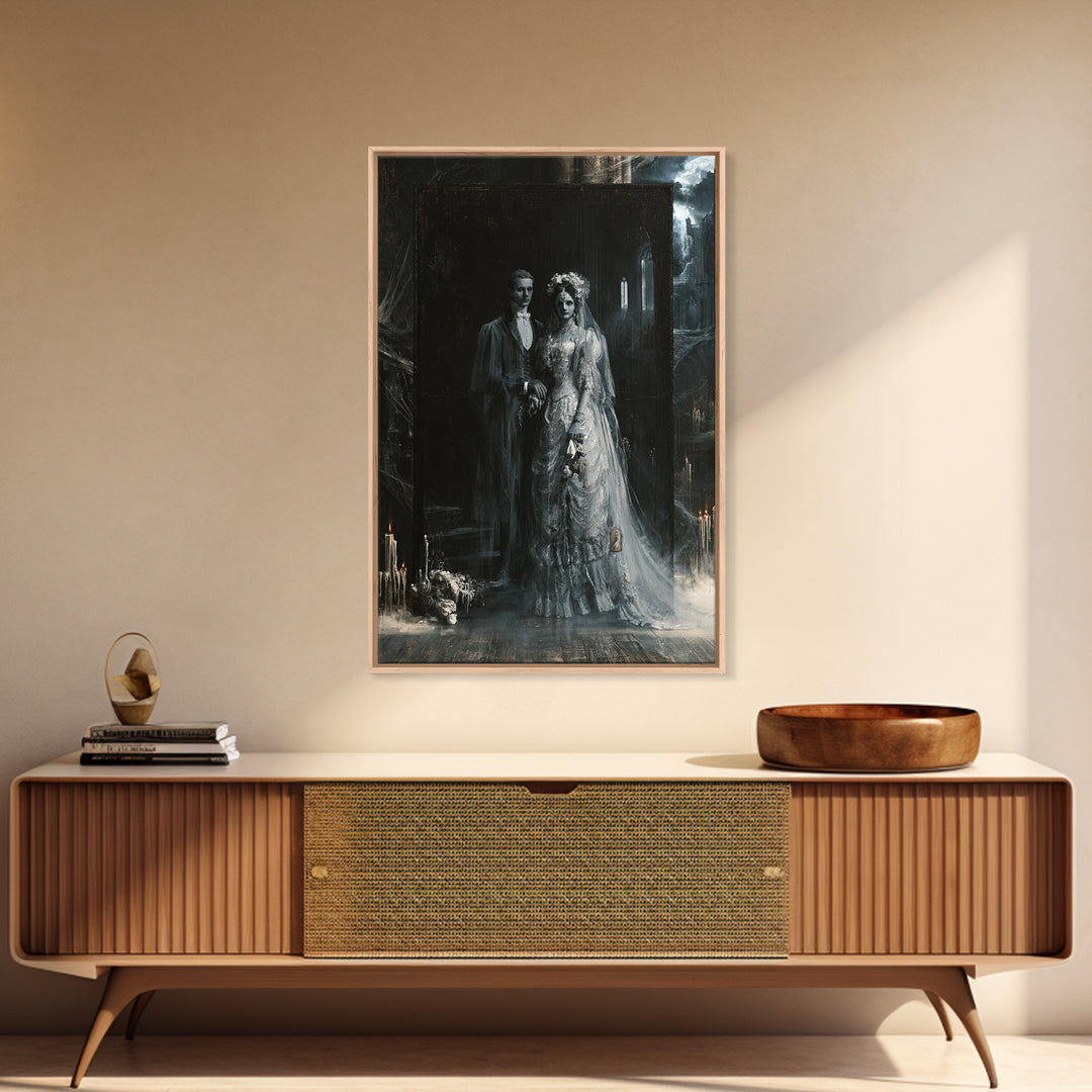 The Ghost Wedding, Victorian Horror Portrait, Vertical Wall Art, Framed Canvas Print, Gothic Wall Decor, Halloween Portrait Art