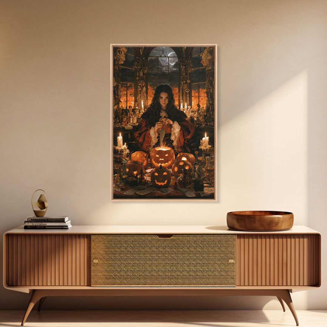 The Pumpkin-Carving Ritual, Victorian Gothic Art, Vertical Wall Art, Canvas Print, Gothic Wall Decor, Halloween Portrait Art
