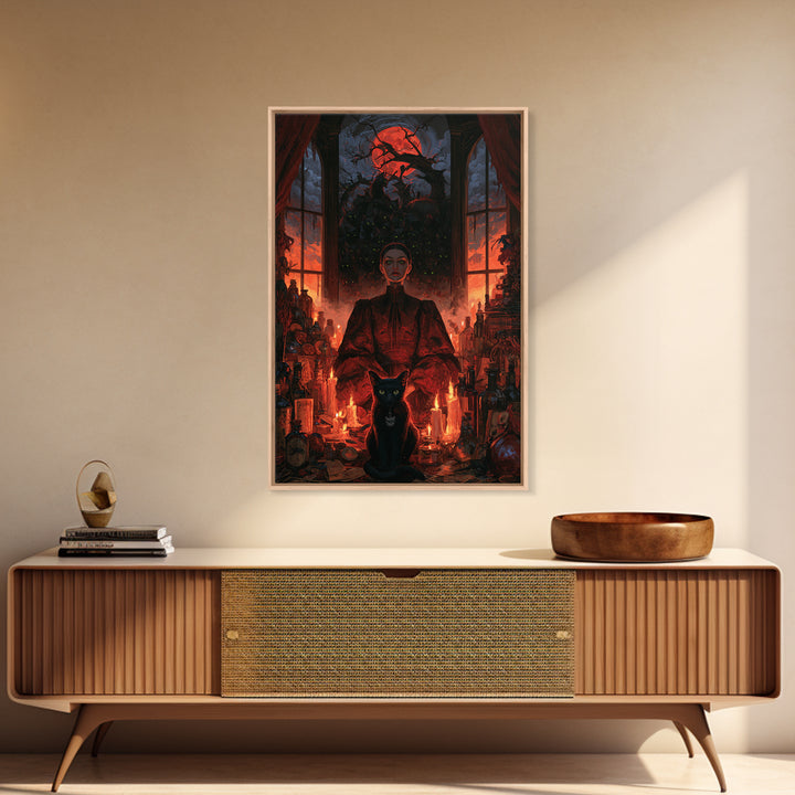 The Black Cat Gathering, Macabre Victorian Decor, Vertical Wall Art, Framed Canvas Print, Gothic Wall Decor, Halloween Portrait Art