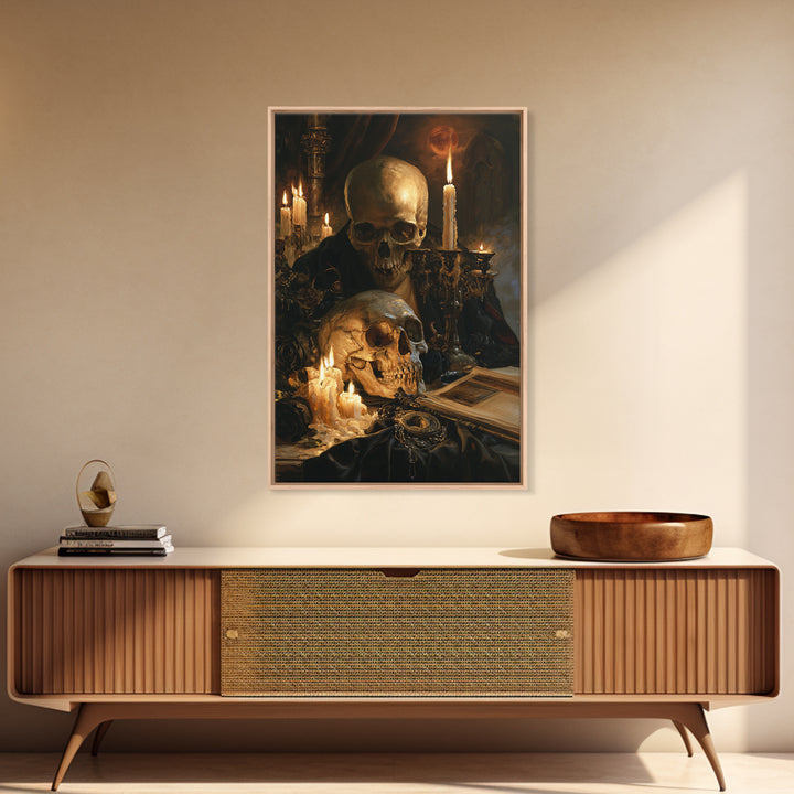 The Talking Skull, Dark Academia Wall Art, Vertical Wall Art, Framed Canvas Print, Gothic Wall Decor, Halloween Portrait Art