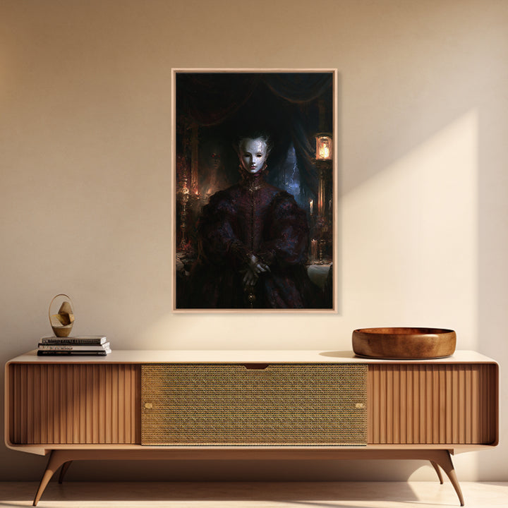 The Cracked Porcelain Mask, Antique Gothic Portrait, Vertical Wall Art, Framed Canvas Print, Gothic Wall Decor, Halloween Portrait Art