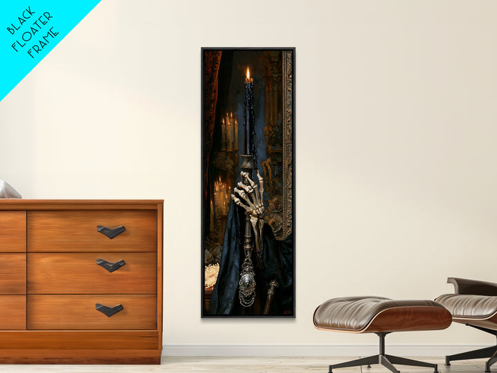 The Skeletal Hand Candleholder, Victorian Horror Portrait, Tall Narrow Wall Art, Framed Canvas Print, Gothic Wall Decor, Macabre Wall Art
