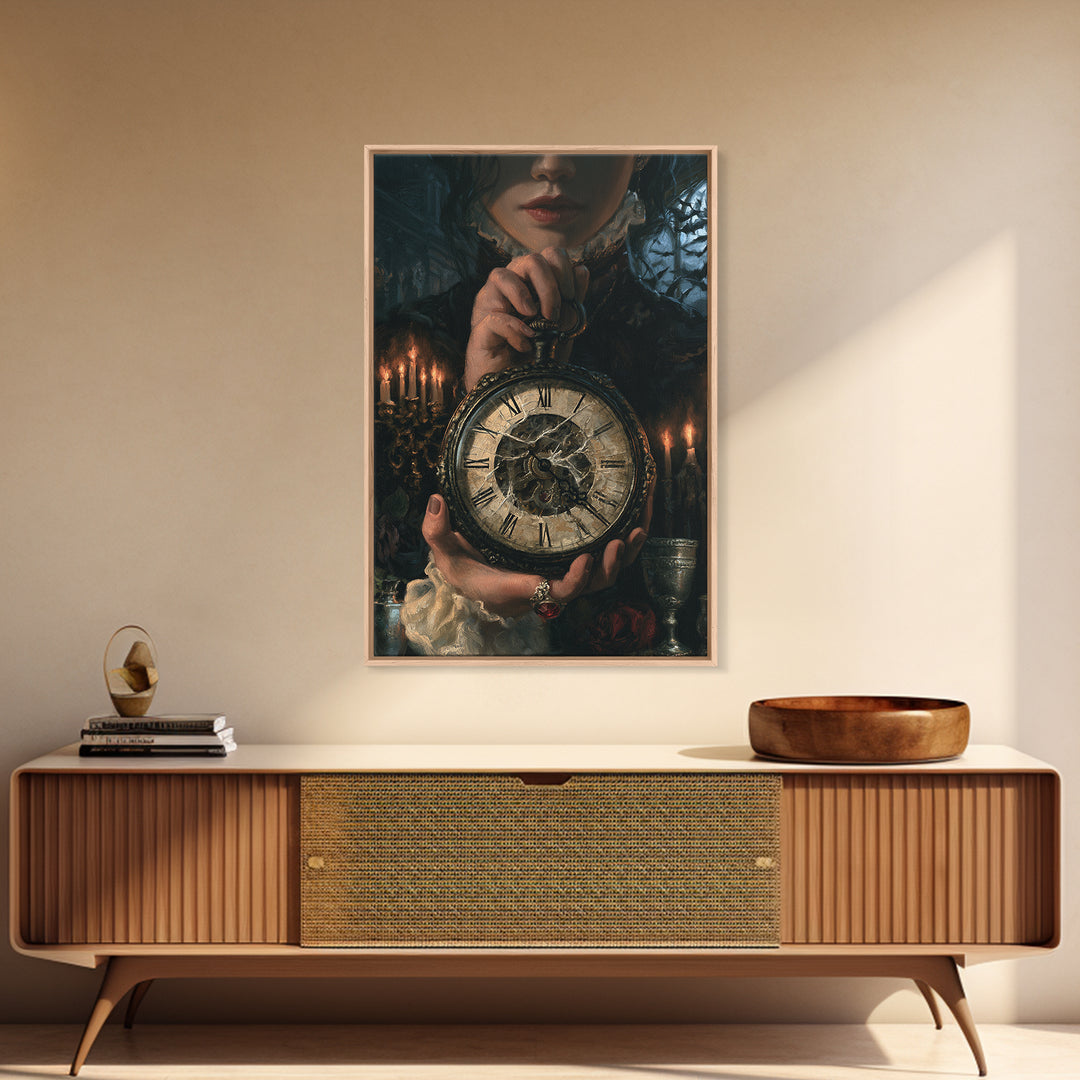 The Cursed Pocket Watch, Victorian Horror Portrait, Vertical Wall Art, Framed Canvas Print, Gothic Wall Decor, Halloween Portrait Art
