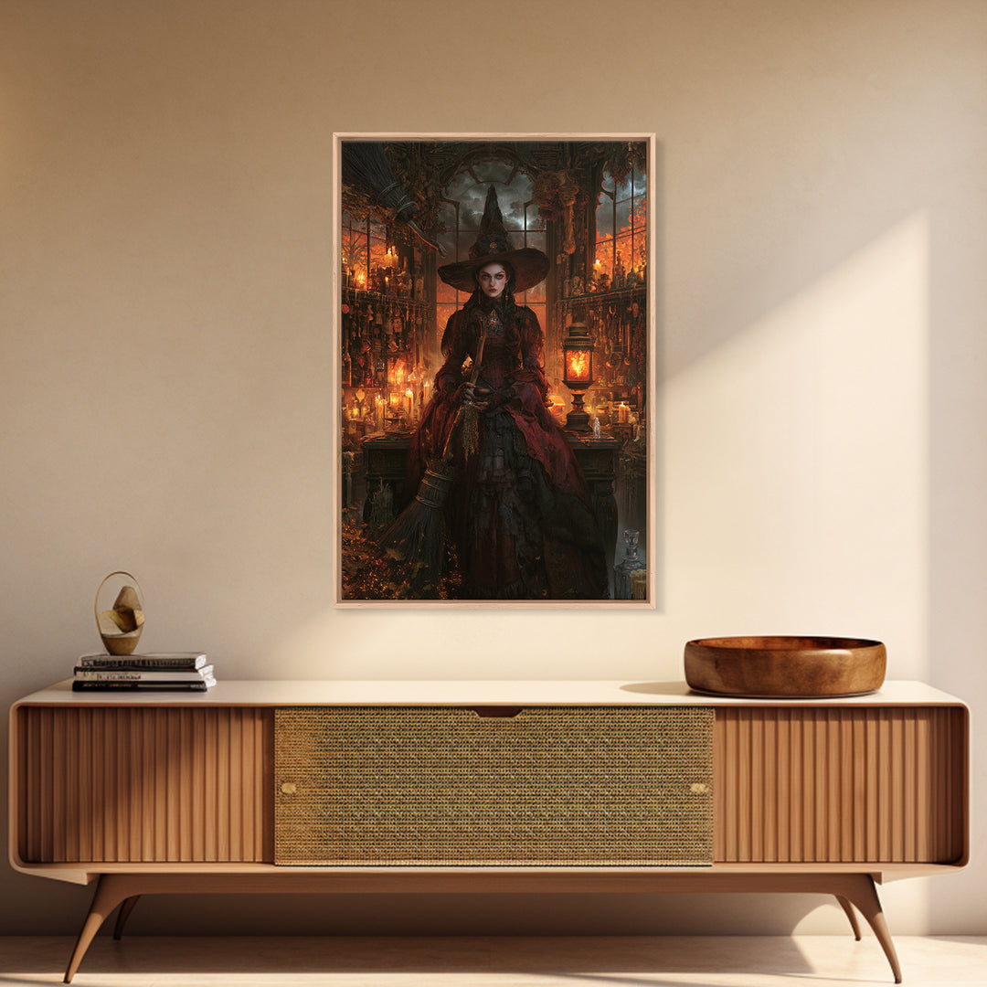 The Witch'S Broom, Dark Academia Wall Art, Vertical Wall Art, Framed Canvas Print, Gothic Wall Decor, Halloween Portrait Art