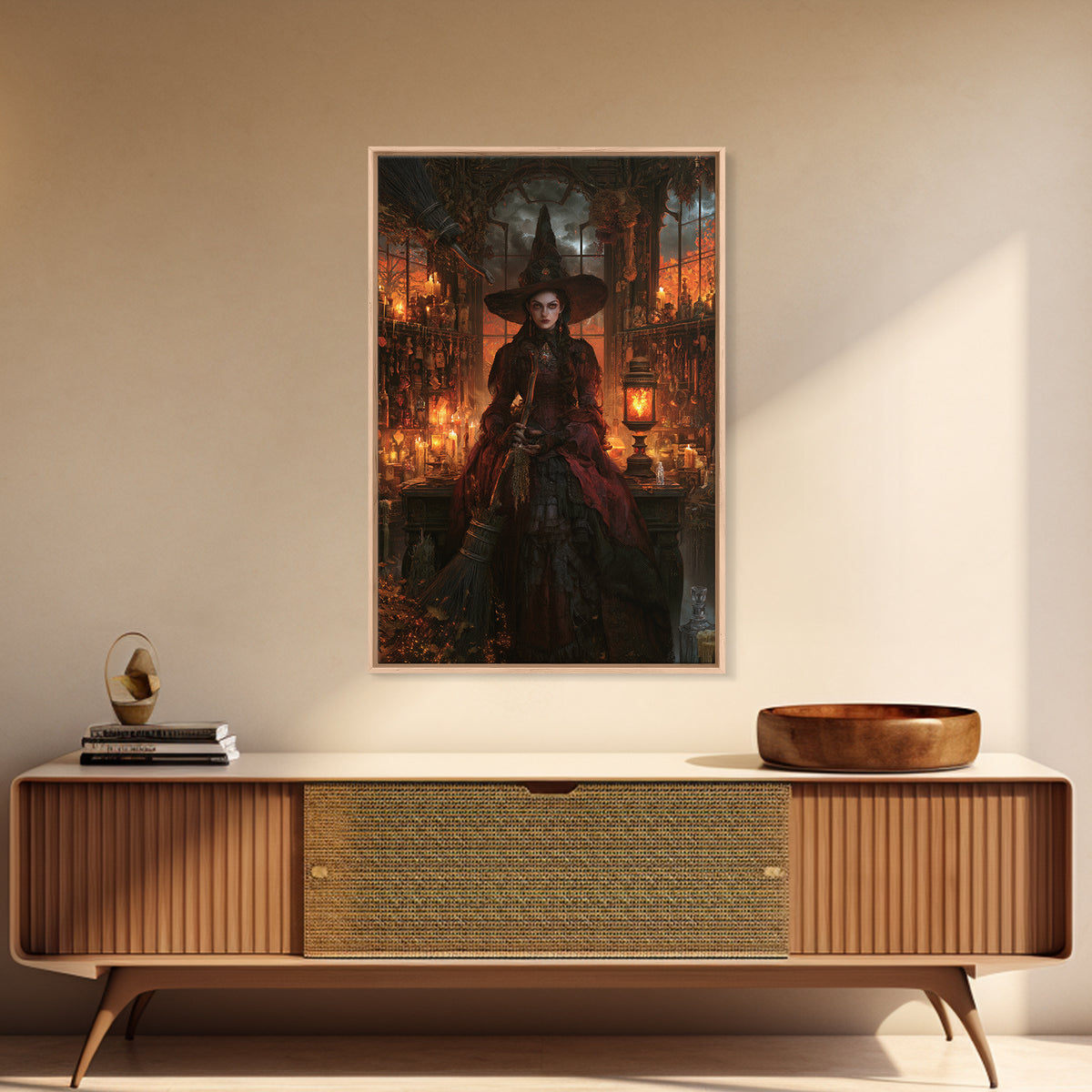 The Witch'S Broom, Dark Academia Wall Art, Vertical Wall Art, Framed Canvas Print, Gothic Wall Decor, Halloween Portrait Art