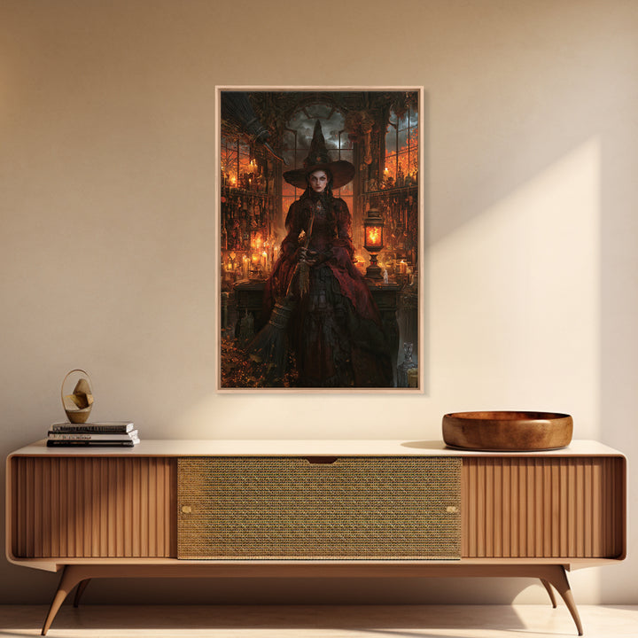 The Witch'S Broom, Dark Academia Wall Art, Vertical Wall Art, Framed Canvas Print, Gothic Wall Decor, Halloween Portrait Art