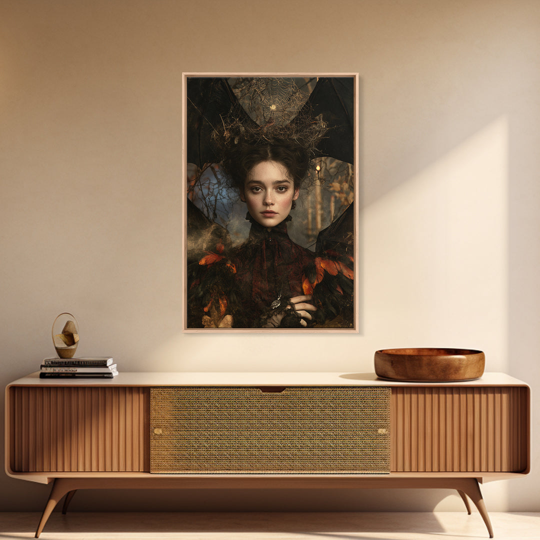 The Spiderweb Crown, Antique Gothic Portrait, Vertical Wall Art, Canvas Print, Gothic Wall Decor, Halloween Portrait Art, Macabre Wall Art