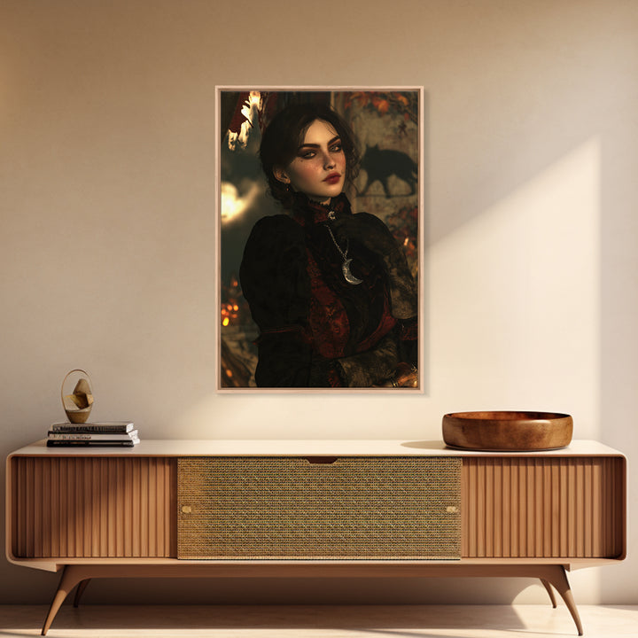 The Moonstone Amulet, Victorian Horror Portrait, Vertical Wall Art, Framed Canvas Print, Gothic Wall Decor, Halloween Portrait Art